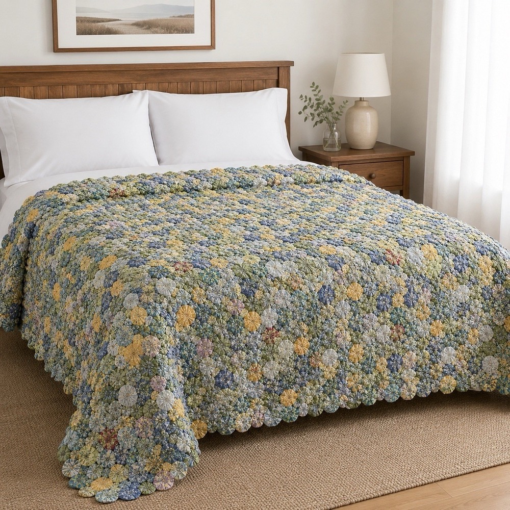 LL Bean Pinwheel Yoyo Quilt Comforter Full Queen w/ Matching 19" X 19" Pillow
